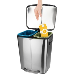 Wenko Tret-Mülleimer Primo mit 2 Fächern (2x20L) aus Edelstahl für Mülltrennung.