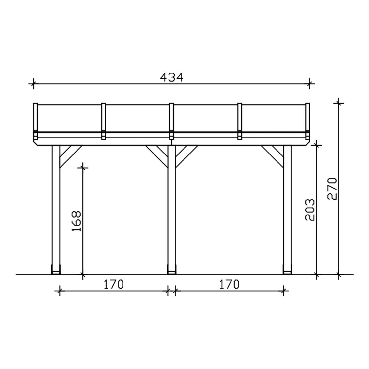 Technische Zeichnung: Skan Holz Terrassenüberdachung Bormio, Maße 434x350 cm, Leimholz Natur.
