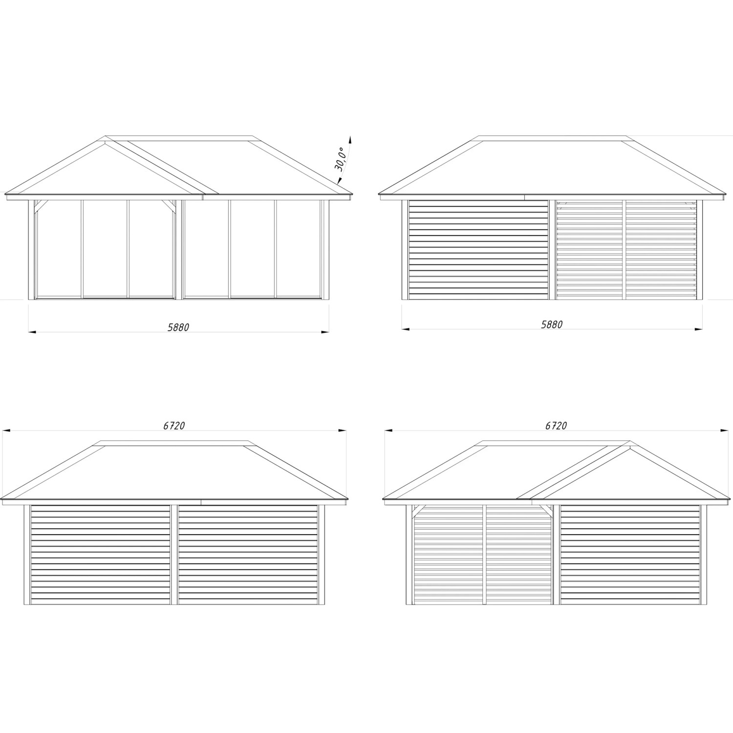 Technische Zeichnung des grauen Palmako Pavillon Bianca Set 213 mit Schiebetüren und Sichtschutzzaun.