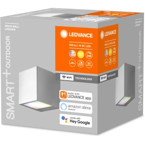 Verpackung der Ledvance Smart+ Brick Multicolor Außenleuchte, silberfarben, 85x85cm. Smarte Steuerung per App.