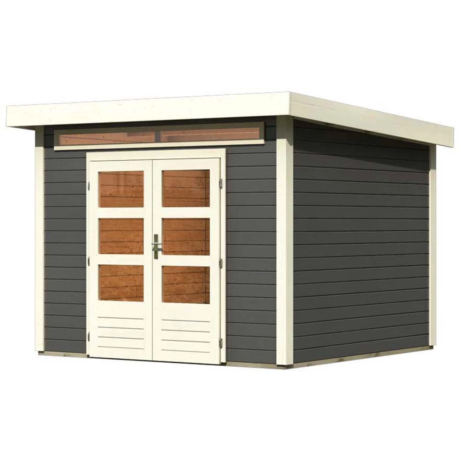 Terragraues Karibu Holz-Gartenhaus Kumla mit Pultdach und Doppeltür. Gartenhaus aus lackiertem Holz.