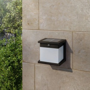 Schwarze Philips Solar-Außenwandleuchte Diara mit Bewegungssensor an einer Wand.