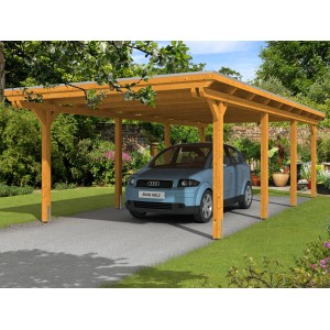 Skan Holz Carport aus Leimholz Eiche hell mit Alu-Dachplatten und Auto.