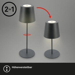 Anthrazitfarbene, dimmbare Brilo Akku Tischleuchte Kiki, höhenverstellbar und kabellos.