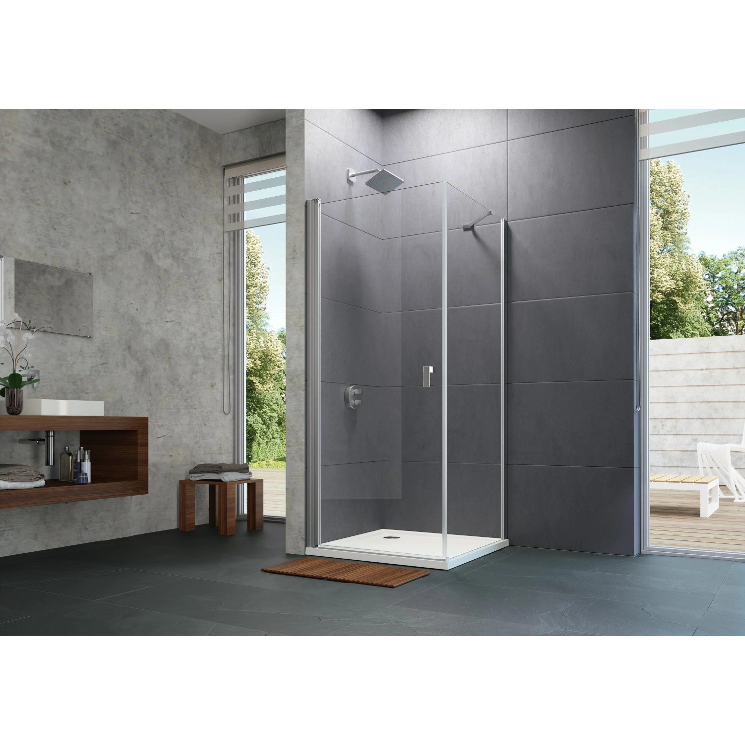 Hüppe 4-Eck-Schwingtür Design Pure, 80x190 cm, Silber Hochglanz im Badezimmer.