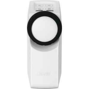 Weißer Abus HomeTec Pro Z-Wave Türantrieb für Hausautomation. Türöffnen per Smartphone.