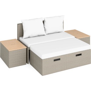 4-tlg. Lounge-Set Bostonia aus Polyrattan in Hellbraun mit weißen Polstern und Stauraum.