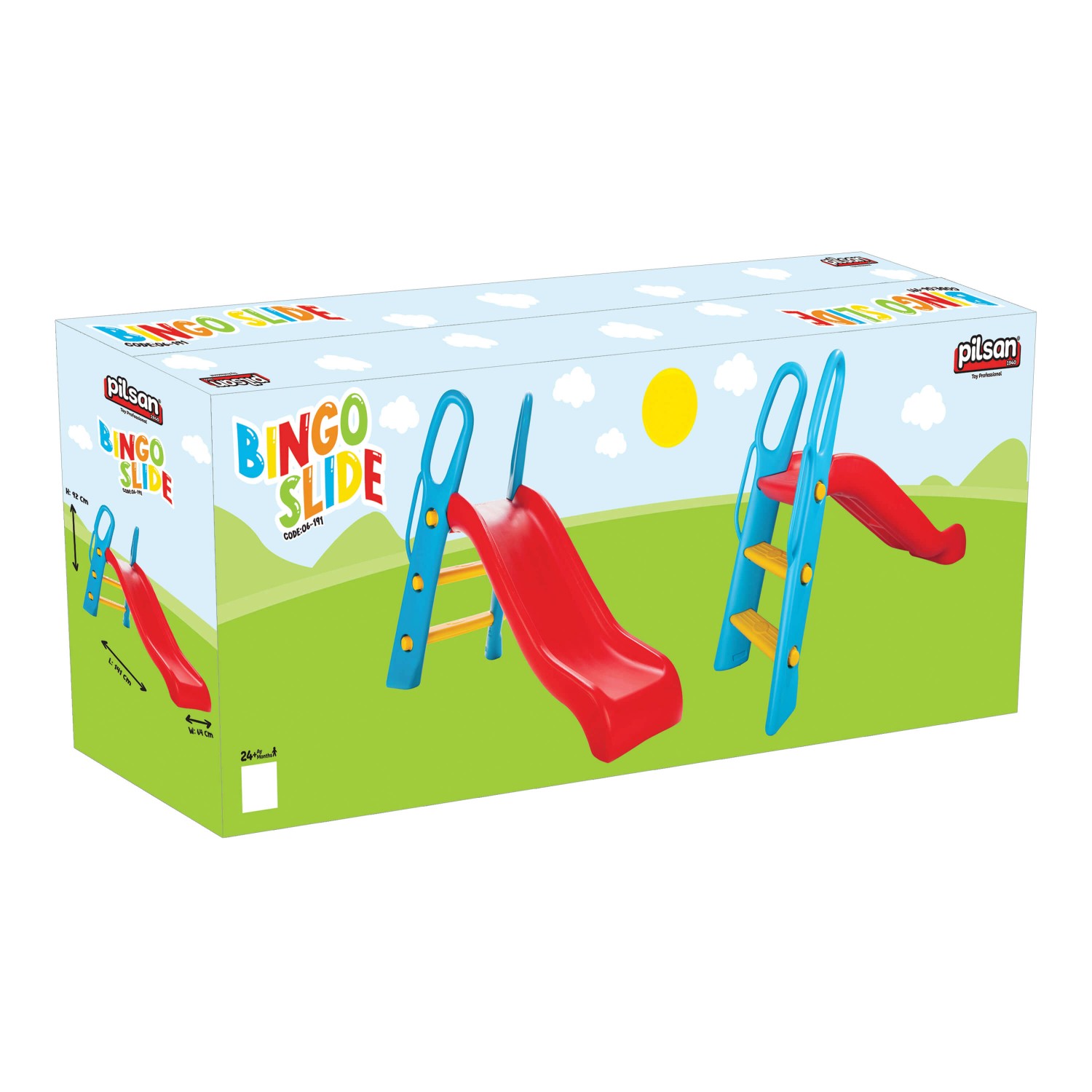 Verpackung der Rutsche Bingo in Rot und Blau. Kinderrutsche für den Garten oder das Kinderzimmer.
