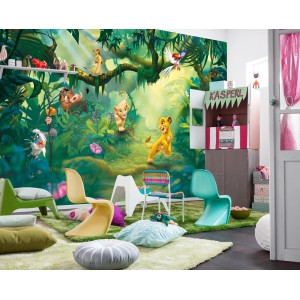 Fototapete Lion King Jungle (368x254 cm) im Kinderzimmer mit Dschungel-Motiv.