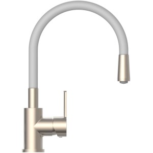 Eisl Spültischarmatur in Edelstahloptik mit hellgrauem, flexiblem Auslauf.