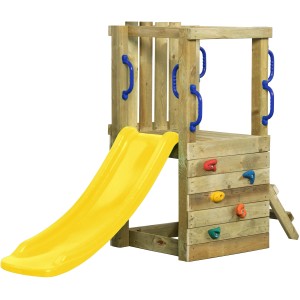 SwingKing Spielturm Irma Small mit gelber Rutsche, Kletterwand und blauen Griffen.