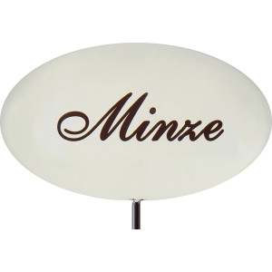Emailleweißer Kräuterstecker mit der Aufschrift 'Minze', 30 cm hoch, für Beet und Kübel.