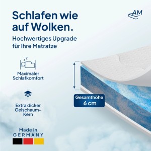 AM Premium Gelschaum Topper 130x200 cm, Matratzenauflage mit Gelschaumkern und atmungsaktivem Bezug.