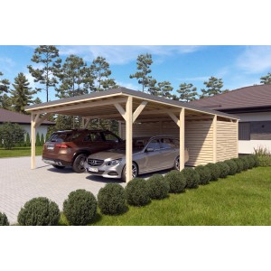 Holzbrüder Doppelcarport Ralf mit Geräteraum, naturbelassen, mit zwei parkenden Autos.