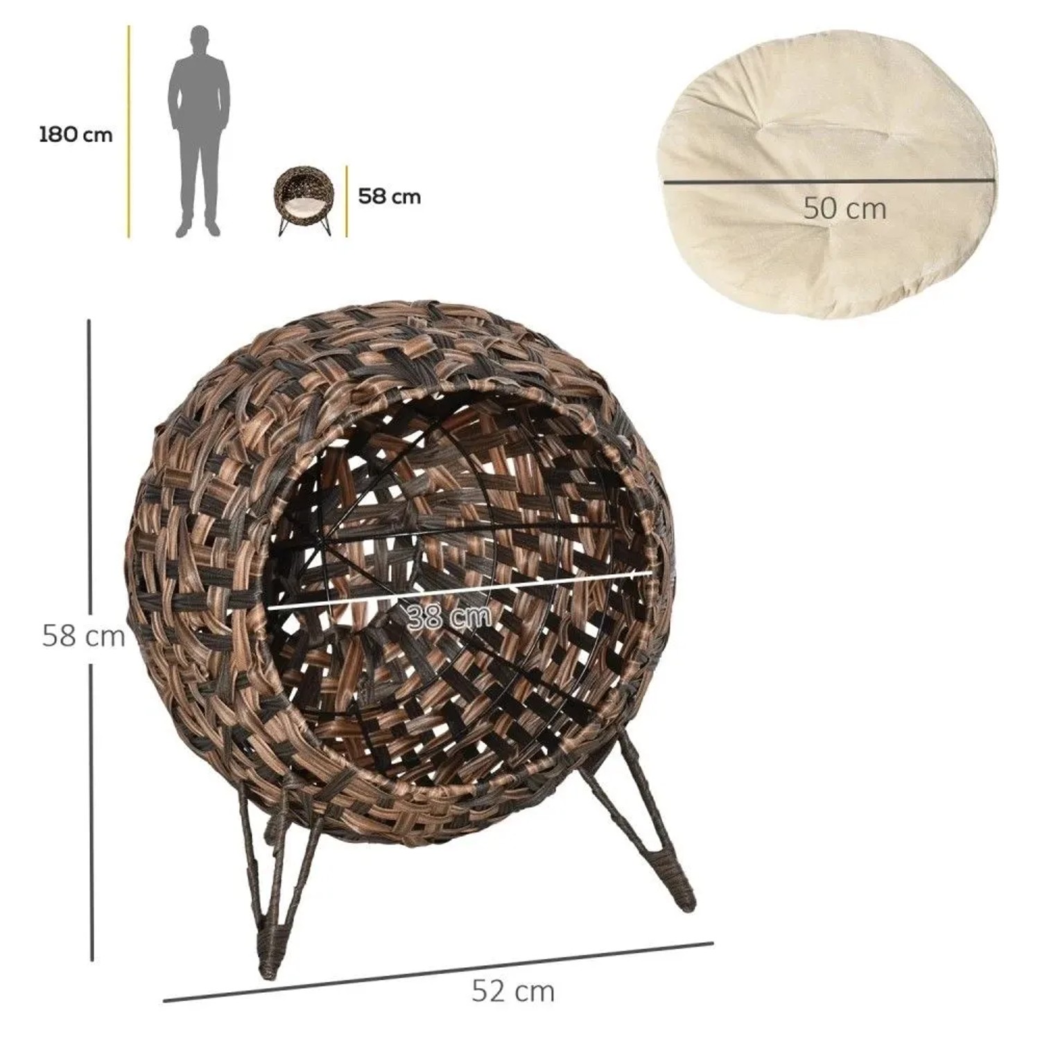 Dunkelbraunes PawHut Katzenhaus aus Rattan, rund, mit beigem Kissen und erhöhten Beinen. Gemütlicher Katzenkorb.