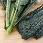 Grünkohl (Brassica oleracea) 6er Schale auf Holzbrett, dunkelgrüne, krause Blätter.