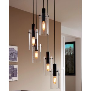 Moderne Eglo Hängeleuchte Montefino Schwarz mit klaren Glaszylindern als Pendelleuchte.