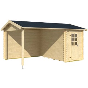 Lasita Holz-Gartenhaus Wibo mit Anbaudach, naturbelassen. Gartenhaus mit überdachter Fläche und Tür.