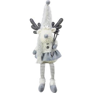 Weihnachtsdeko: Stoff-Rentier Mädchen, 46cm, hellgrau-weiß, mit Skiern.