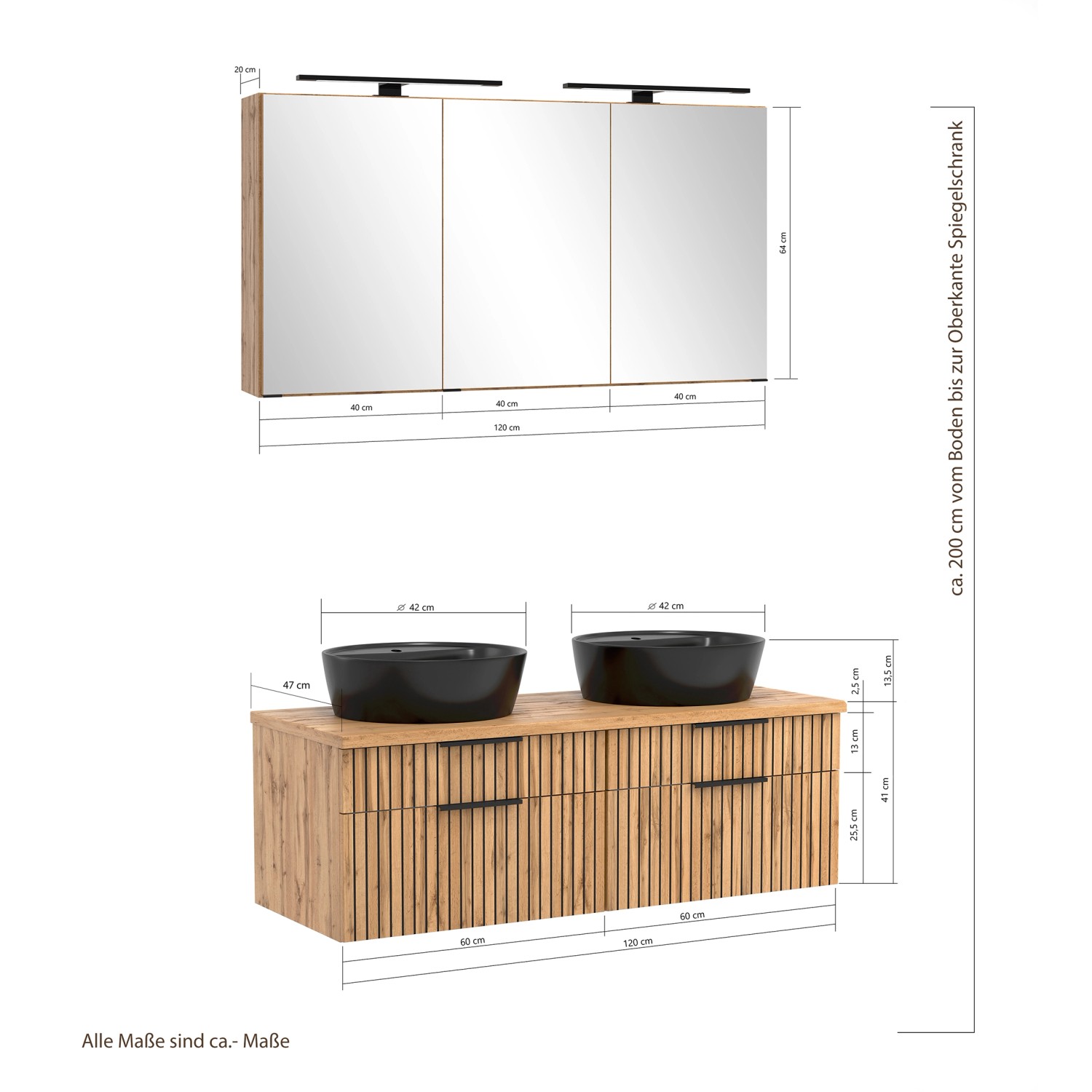 Held Möbel Waschtisch-Set Keramikbecken Schwarz 200 x 120 x 47 cm Eiche 2-tlg._13