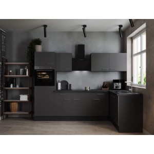 Moderne Respekta Winkelküche Oliver, 280 cm, Grau, mit Elektrogeräten und Arbeitsplatte in Granit Optik.