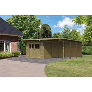 Karibu Doppelcarport Eco aus Holz mit PVC-Dachplatten im Garten.