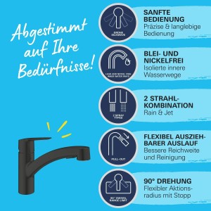 Grohe QuickFix Spültischarmatur Start, schwarz, mit Dual-Spülbrause und 90° Schwenkbereich.