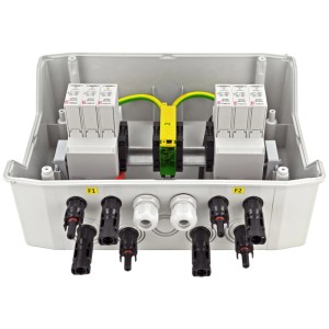 PV-Generatoranschlusskasten 1.100V für Photovoltaik mit MC4-Steckern, Überspannungsschutz Typ 1+2, IP65, 2 Strings.