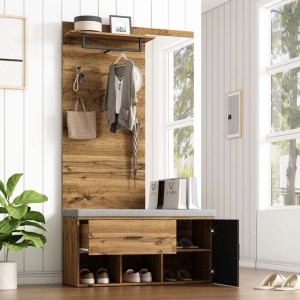 Merax Garderoben Set mit Spiegel Schuhbank Schuhschrank Holzoptik 190 cm
