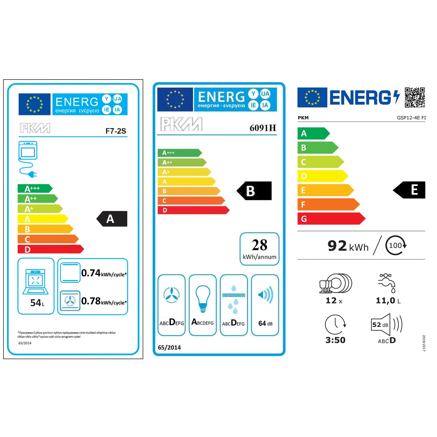 Energieetiketten für PKM-Geräte: Backofen F7-2S (A), Herd 6091H (B), Geschirrspüler GSP12-4E F1 (E).