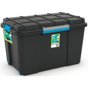 Schwarze Aufbewahrungsbox Scuba XL mit Rollen und Silikondichtung für vielseitige Nutzung.