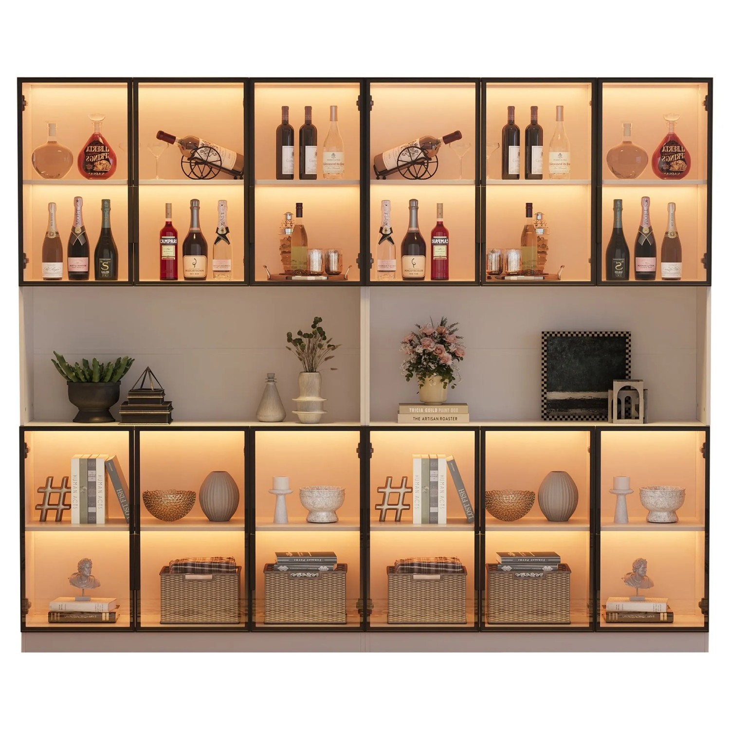 okwish Vitrine mit LED Beleuchtung Schranktüren Stauraum Wohnzimmer 240x34x200cm Weiß_7