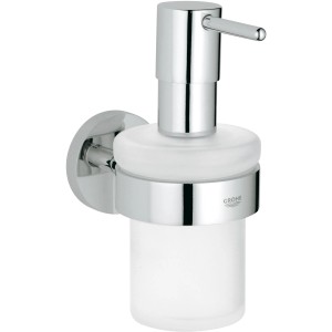 Grohe Essentials Seifenspender mit Halter, Chrom und Glas, zur Wandmontage.