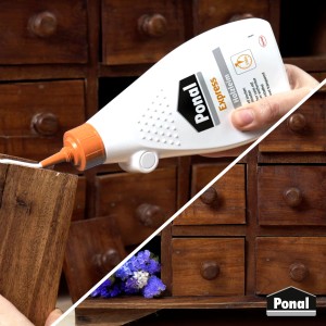 Anwendung von Ponal Express Holzleim aus der 550g Flasche beim Verleimen von Holz.