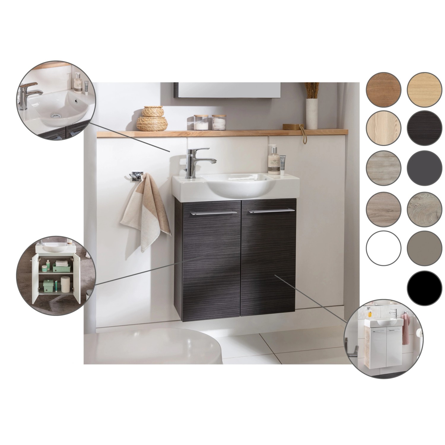 Fackelmann Mini-Waschtischunterschrank SBC Cubanit Grau, Badmöbel-Set mit Soft-Close.