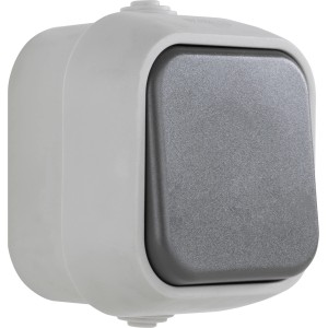 REV A/W-Schalter, grau, für Feuchträume und Außenbereiche, Aufputz-Montage.