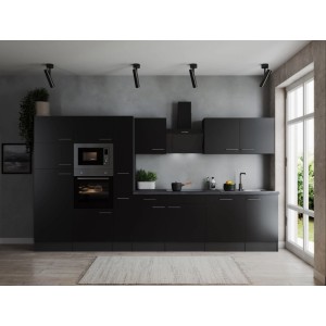 Respekta Küchenzeile Oliver 370 cm in Schwarz mit E-Geräten und Spüle.