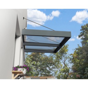 Palram Canopia Vordach Sophia XL, 1,9x1,4m, schwarz-transparent, an Hauswand montiert.