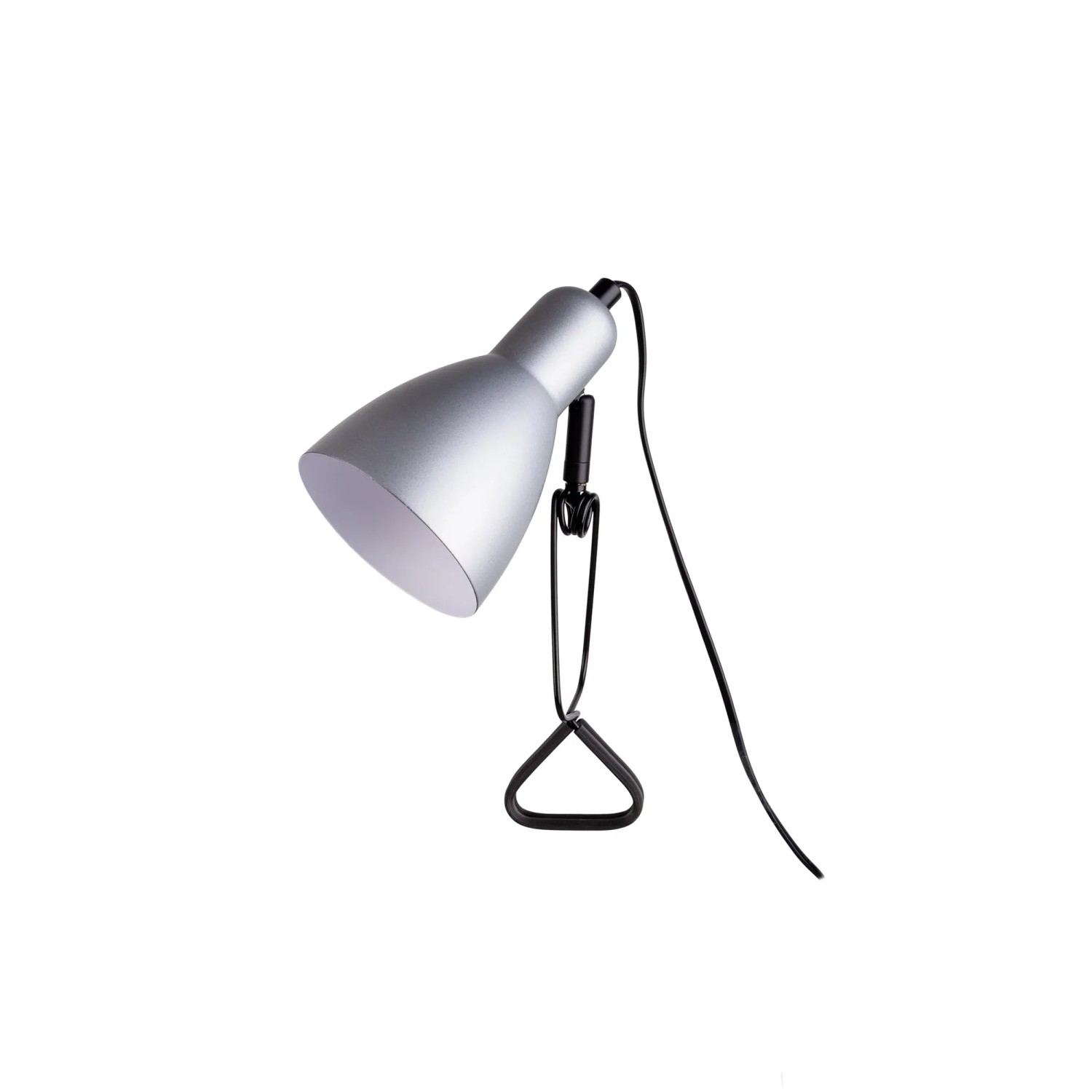 Silberne Näve Klemmleuchte Mara, eine flexible Lampe mit schwarzem Kabel und Klemme.