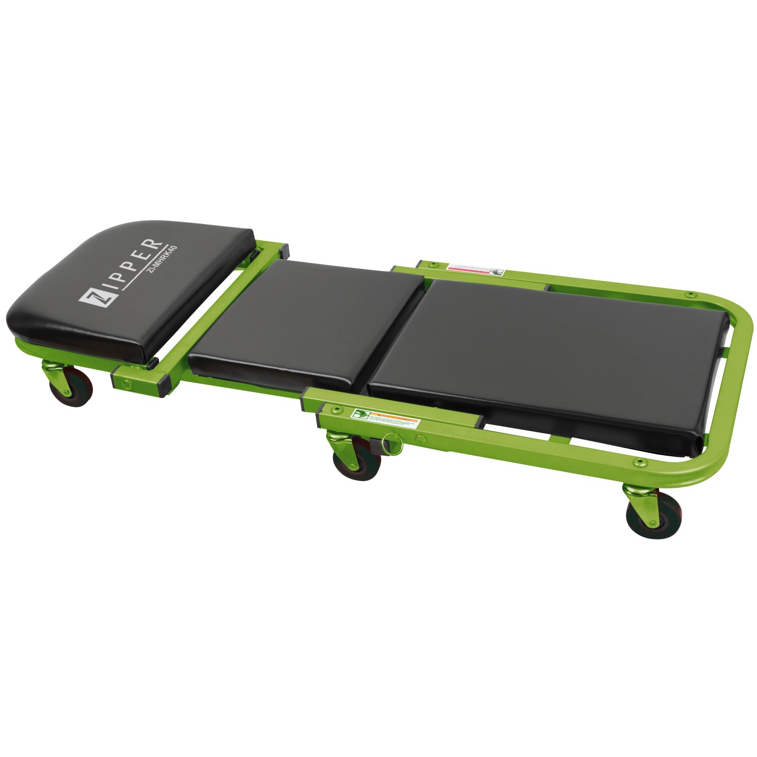 Zipper Montagehocker-Rollbrett-Kombi ZI-MHRK40 mit grüner Rahmenkonstruktion und schwarzen Polstern.
