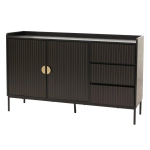 Schwarzes Sideboard O39 mit Lamellenfront, 3 Schubladen und 2 Türen, Holzoptik, 80x130x42 cm.