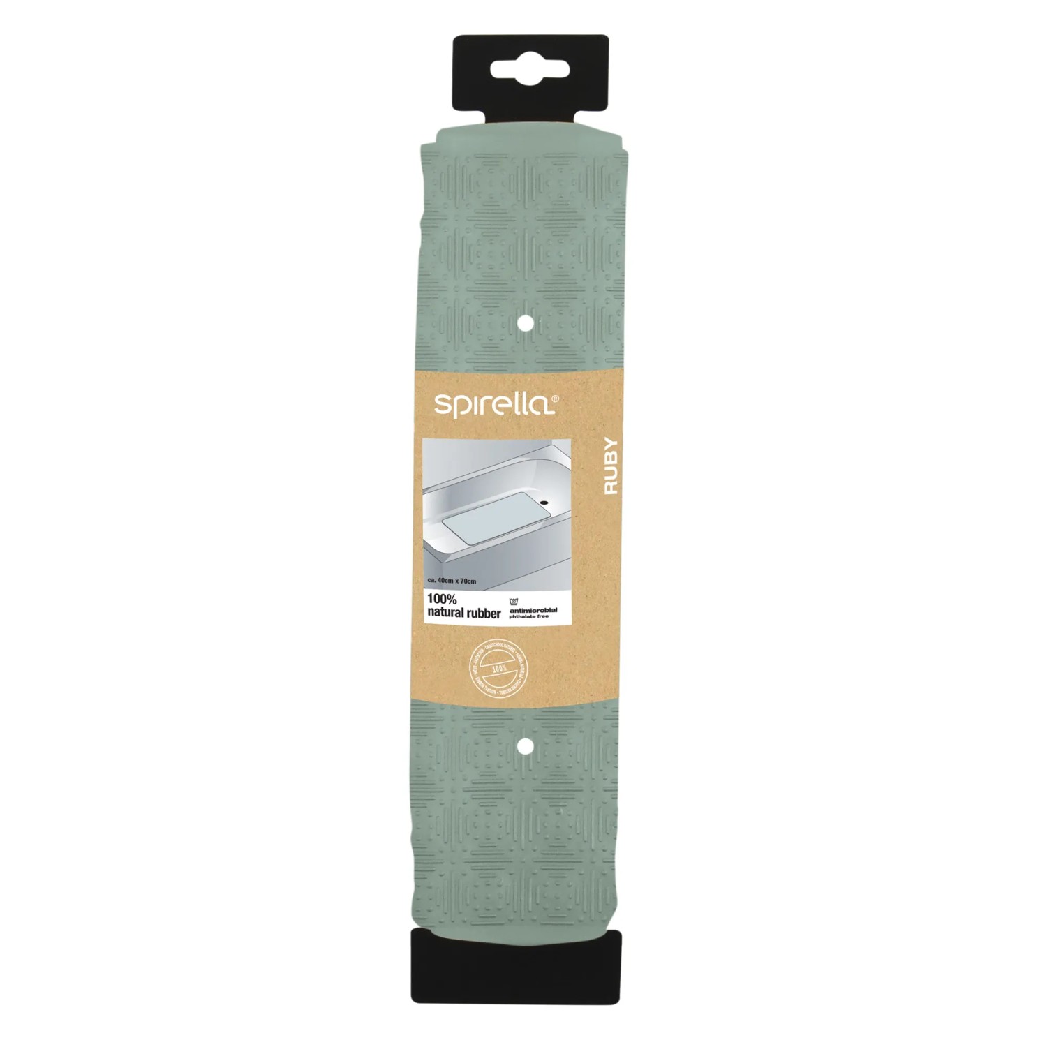 Verpackte grüne Spirella Wanneneinlage Ruby, 40x70 cm, aus Kautschuk mit Saugnäpfen.