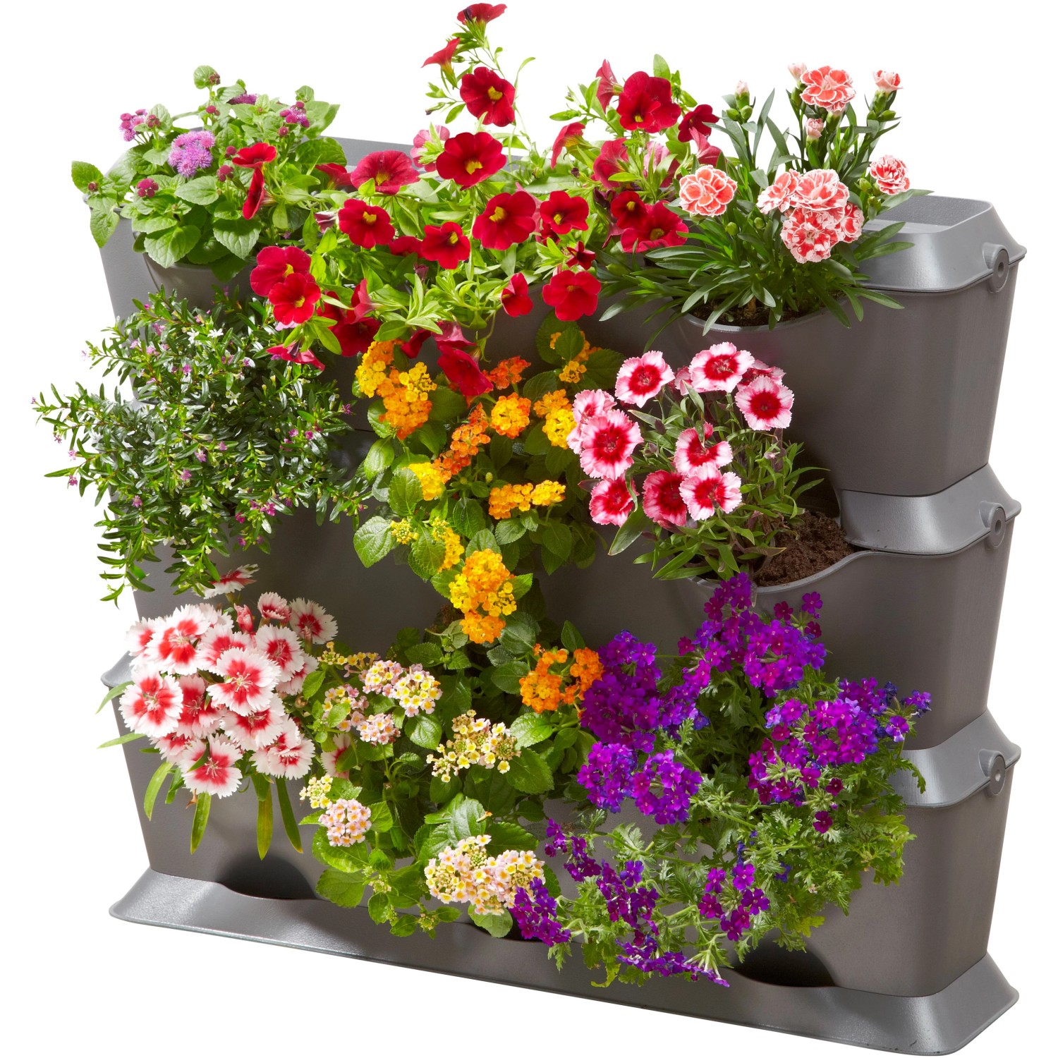 Gardena NatureUp Vertikal Pflanz-Basis-Set für 9 Pflanzen, bepflanzt mit bunten Blumen.