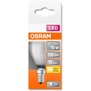 Osram LED Leuchtmittel E14 Tropfenform, 1,5W, warmweiß, für energiesparende Beleuchtung.