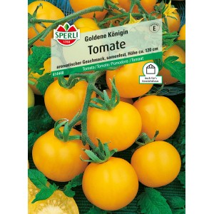 Sperli Tomaten Goldene Königin Samen, goldgelbe Tomaten auf der Packung.