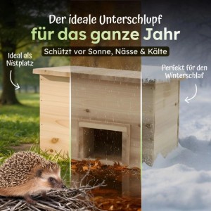 Winterfestes Igelhaus aus Holz, geeignet als Überwinterungsquartier und Futterstelle.