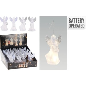 Transparenter Hängedeko Engel mit LED-Licht und Glitzerflügeln, batteriebetrieben. Stimmungsvolle Weihnachtsdekoration.