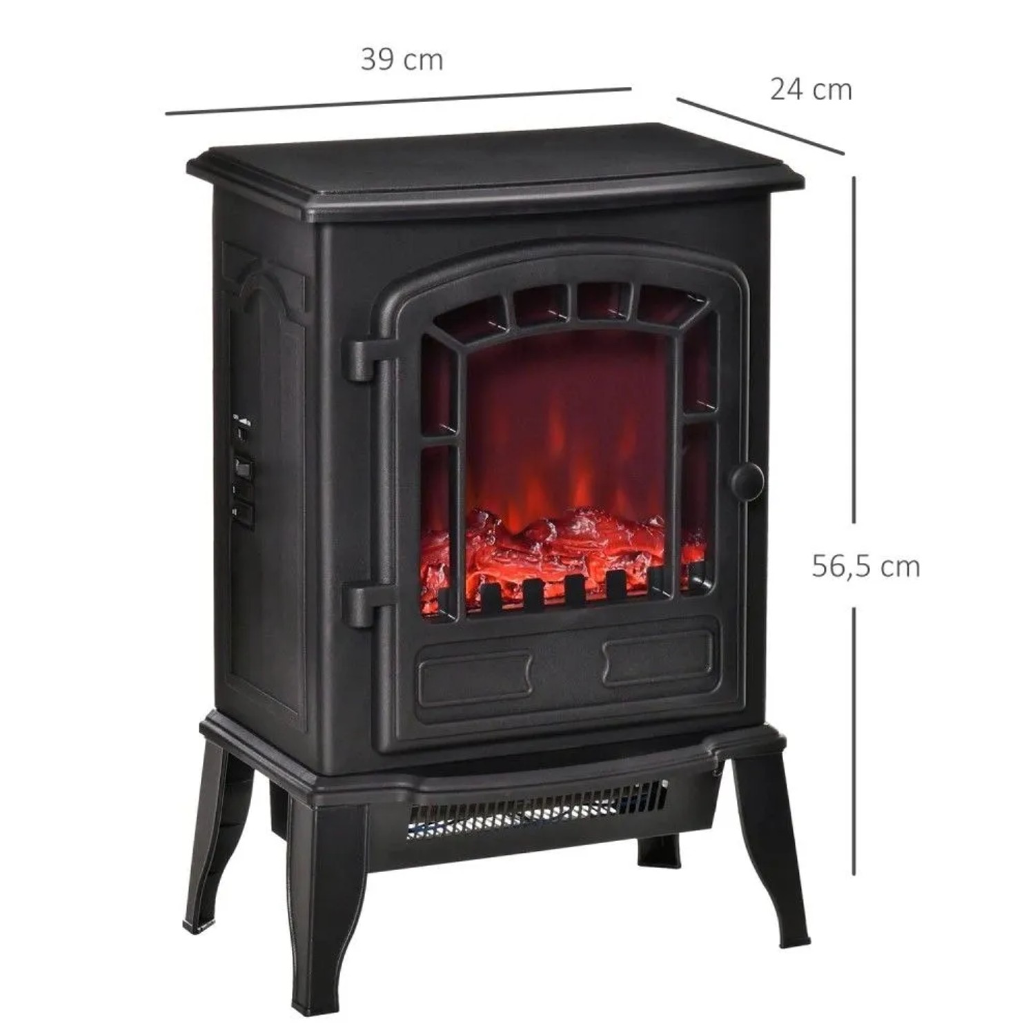 Schwarzer HOMCOM Elektrokamin mit realistischer Flamme und Glasfront. Ideal für Heizungs-Installation. Maße: 39x24x56,5 cm.