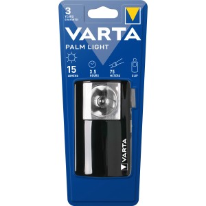 Varta Palm Light Taschenlampe, schwarz-silber, mit Clip und 15 Lumen Leuchtkraft.