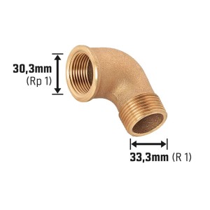 Gewinde-Winkel aus Rotguss, 30,3 mm x 33,3 mm, für Sanitär- und Heizungsinstallation.
